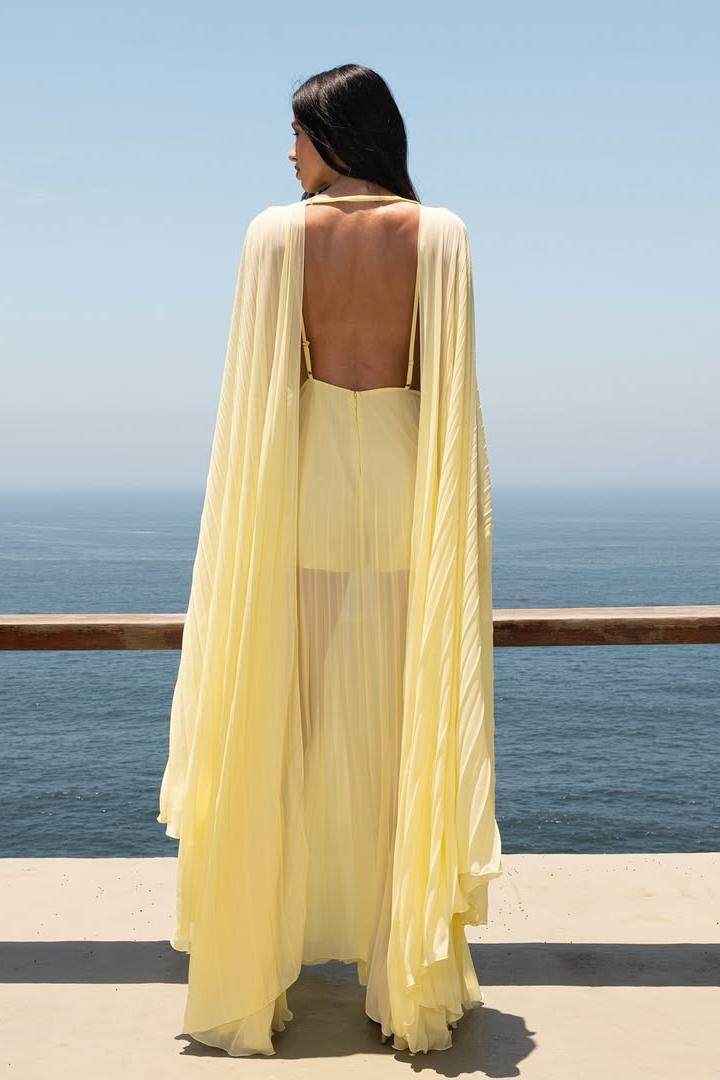 Deep V Neck Backless Long A Line Prom Dress With Ruffles Pleated