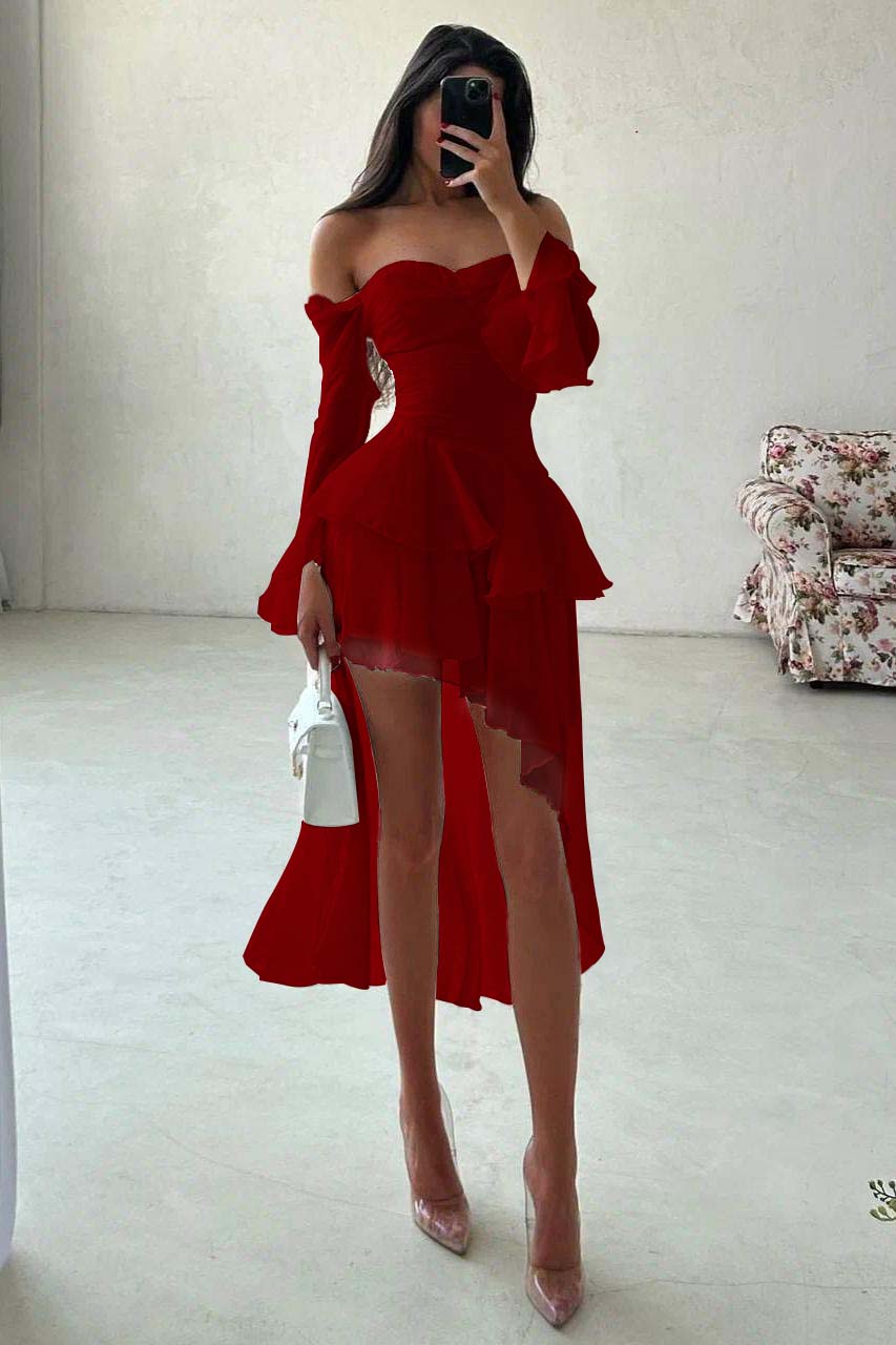 Strapless Long Sleeves Off the Shoulder Short Prom Dress With Ruffles