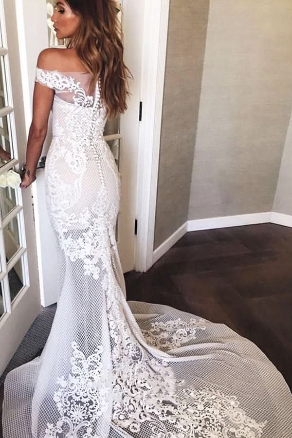 Off-the-Shoulder Sweep Train Mermaid Wedding Dress with Appliques BM bride