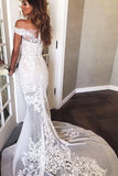 Off-the-Shoulder Sweep Train Mermaid Wedding Dress with Appliques BM bride