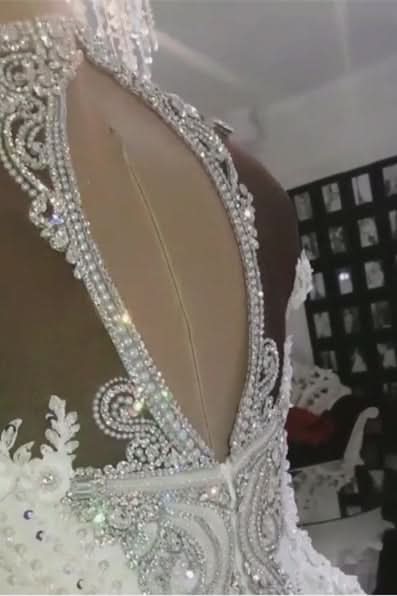 High Collar Off-the-Shoulder Beaded Mermaid Wedding Dress with Lace Appliques BM bride