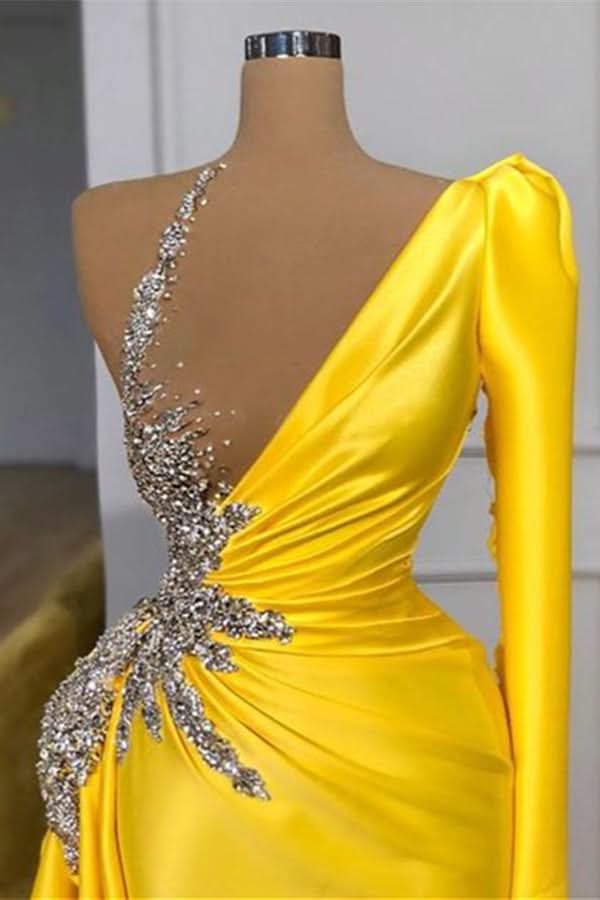 Long Sleeves Yellow Mermaid Prom Dress BM bride