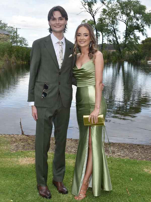 Sage Green Mermaid Cowl Neck Satin Fitted Prom Formal Dress with Slit BMBRIDE