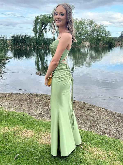 Sage Green Mermaid Cowl Neck Satin Fitted Prom Formal Dress with Slit BMBRIDE