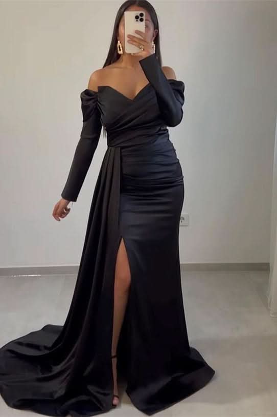 Off-the-Shoulder Sweetheart Long Sleeve Front Split Mermaid Evening Dress with Ruffle BM bride