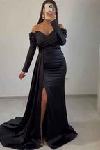 Long Sleeves Front Split Off the Shoulder Mermaid Prom Dress With Ruffles