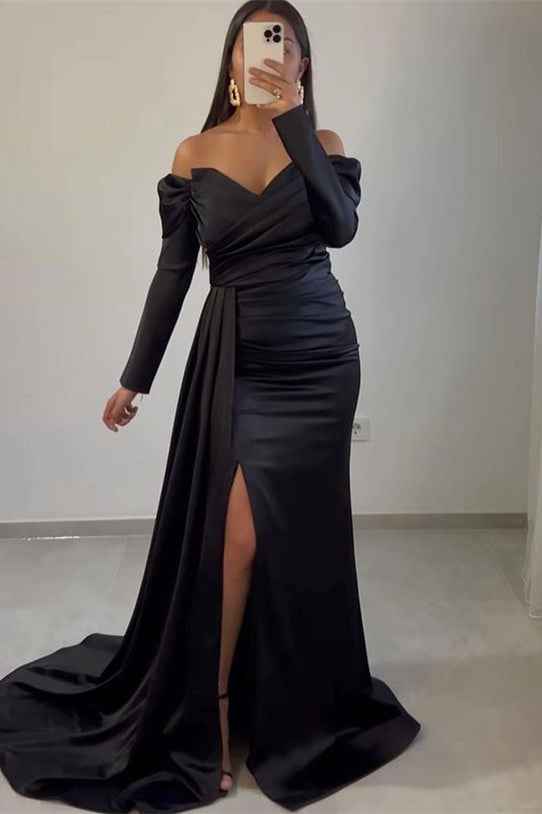 Long Sleeves Front Split Off the Shoulder Mermaid Prom Dress With Ruffles