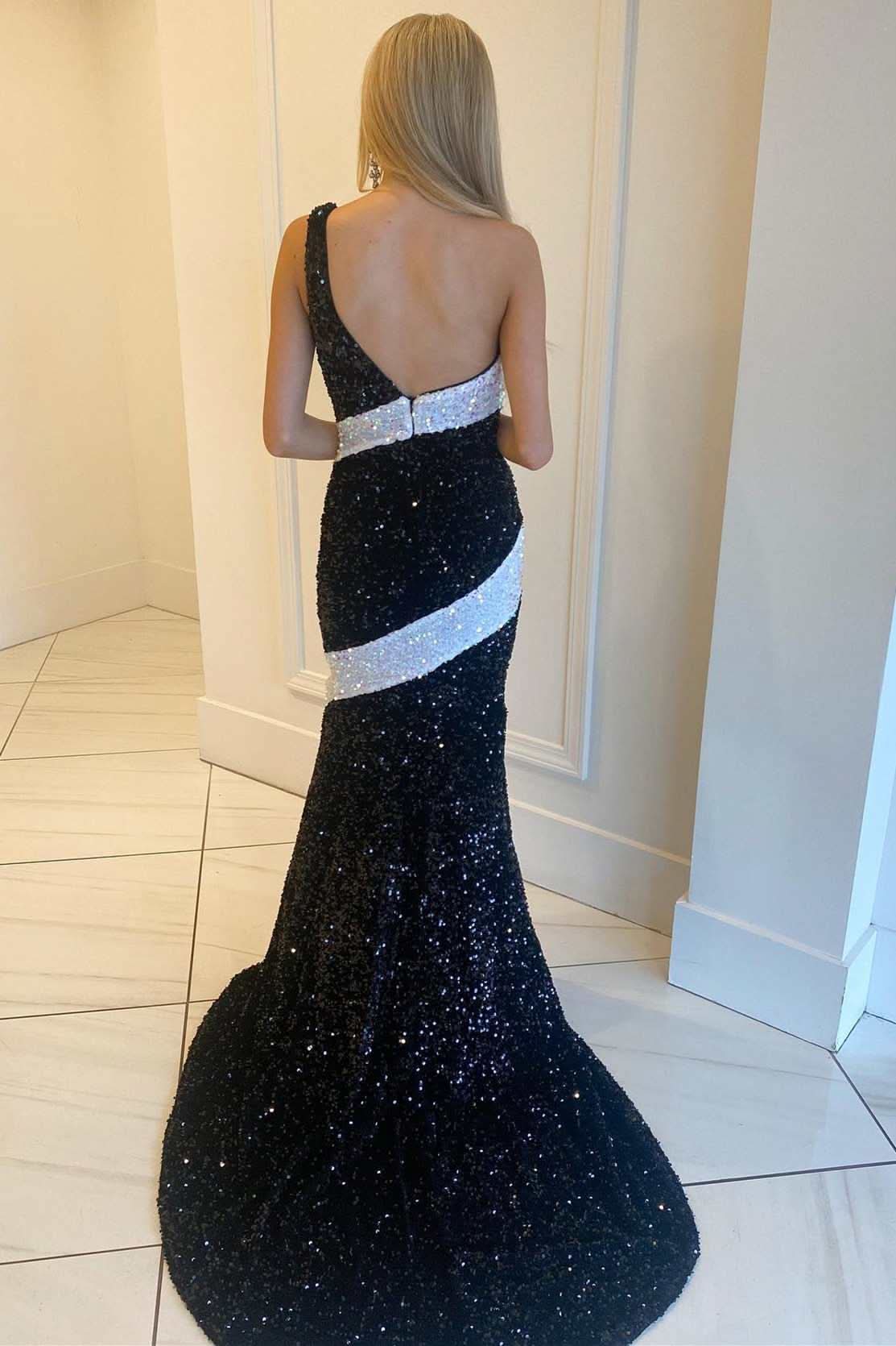 Stylish Black and White Sequin One-Shoulder Mermaid Long Gown BM bride