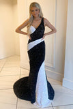 Stylish Black and White Sequin One-Shoulder Mermaid Long Gown BM bride