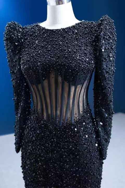 Elegant Black Jewel Neck Mermaid Prom Dress Long Sleeves With Appliques