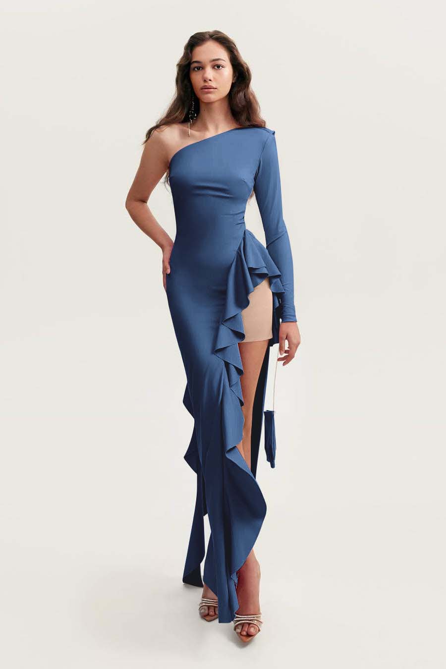 One Shoulder Long Sleeves High Split Long Prom Dress With Ruffles