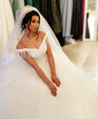 Off-the-shoulder Backless Wedding Dress With Beading Details Tassel Tulle BM bride