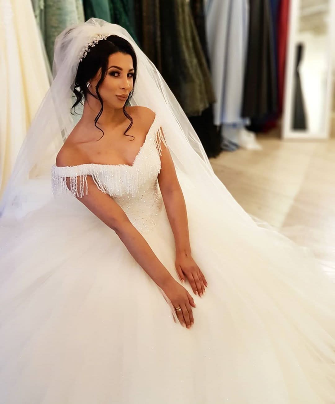Off-the-shoulder Backless Wedding Dress With Beading Details Tassel Tulle BM bride