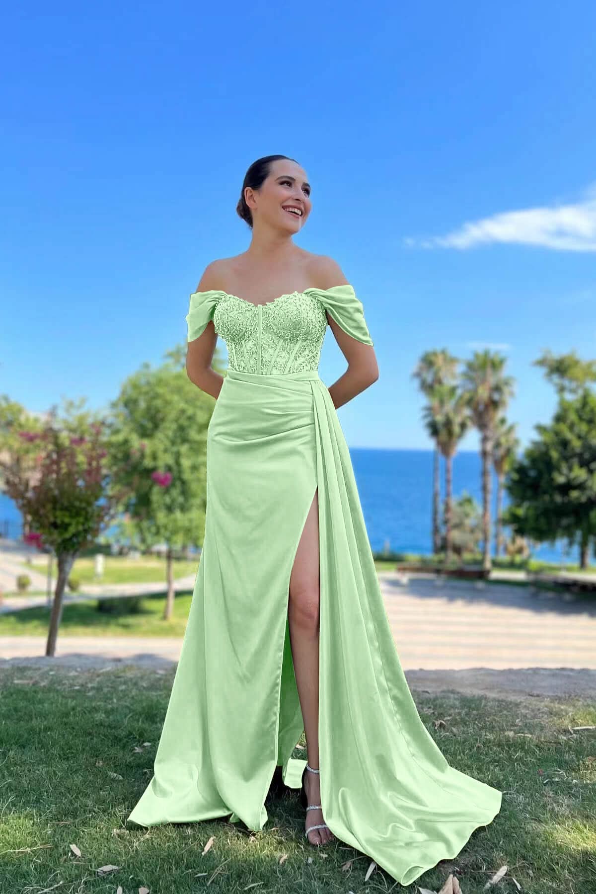 Off-the-Shoulder Sweetheart Beaded Mermaid Prom Dress with Front Split BM bride