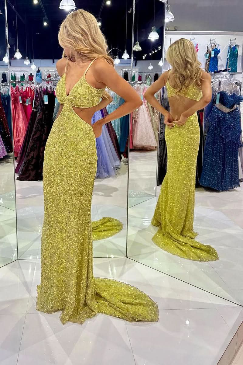 Beautiful Mustard Green Sequins Deep V Neck Cutout Long Prom Dress BM bride