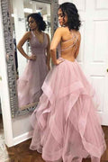 Candy Pink Tulle Deep V Neck Sleeveless Backless Prom Dress With Ruffles