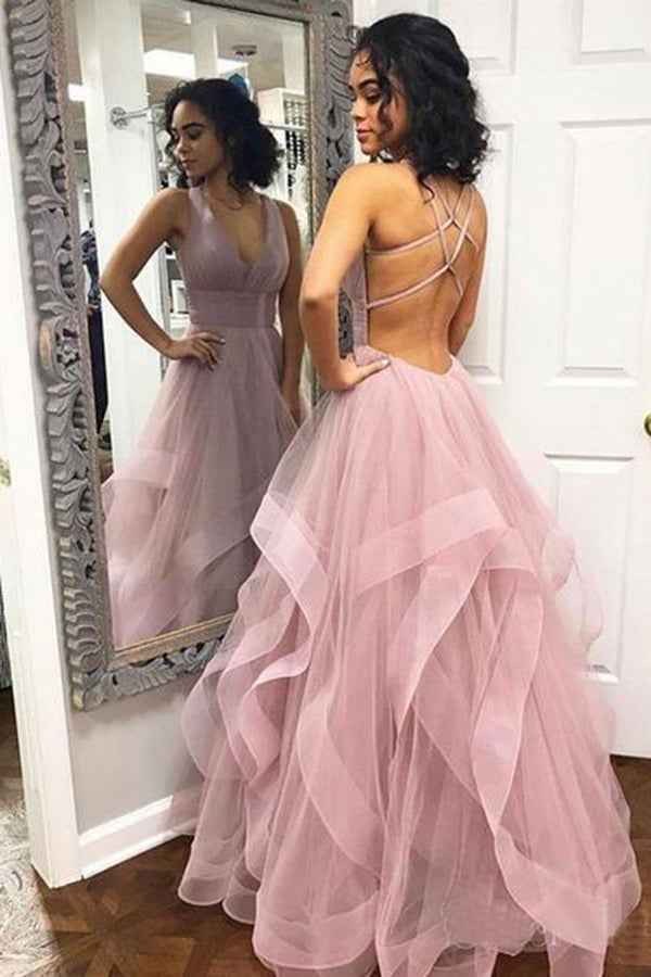 Candy Pink Tulle Deep V Neck Sleeveless Backless Prom Dress With Ruffles