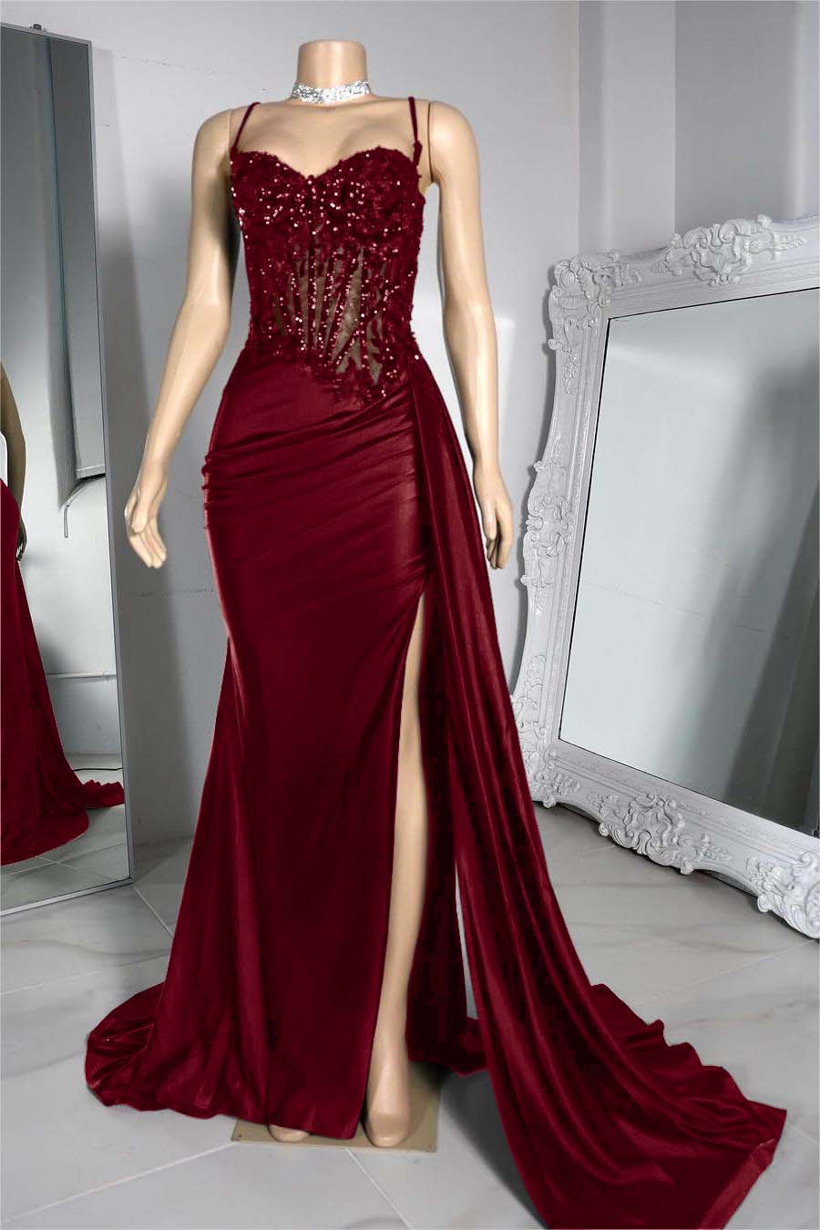 Exquisite Black Spaghetti Strap Sleeveless Pleated Long Split Prom Dress With Beading BMBRIDE