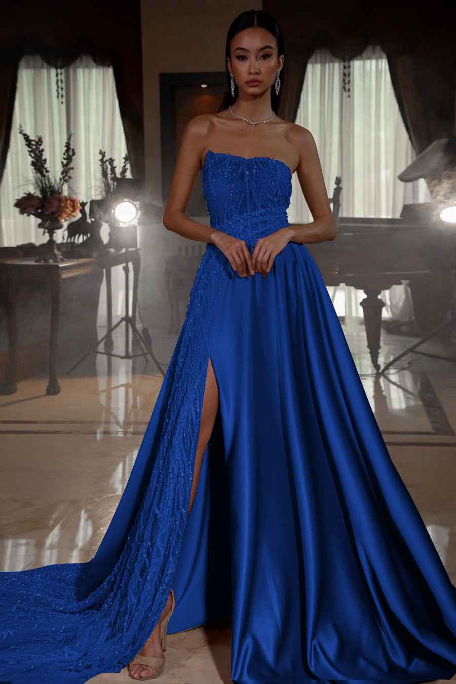 Pink Strapless A Line Sleeveless Sequins Long Prom Dress With Front Split
