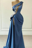 Blue One Shoulder Mermaid Prom Dress with Beading BM bride