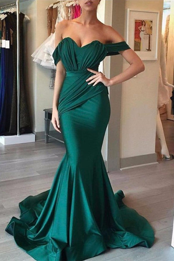 Dark Green Off-the-Shoulder Mermaid Evening Dress BM bride