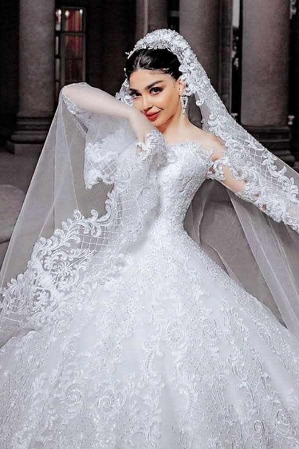 Princess Beaded Applique Long Wedding Dress with Sleeves and Tulle BM bride
