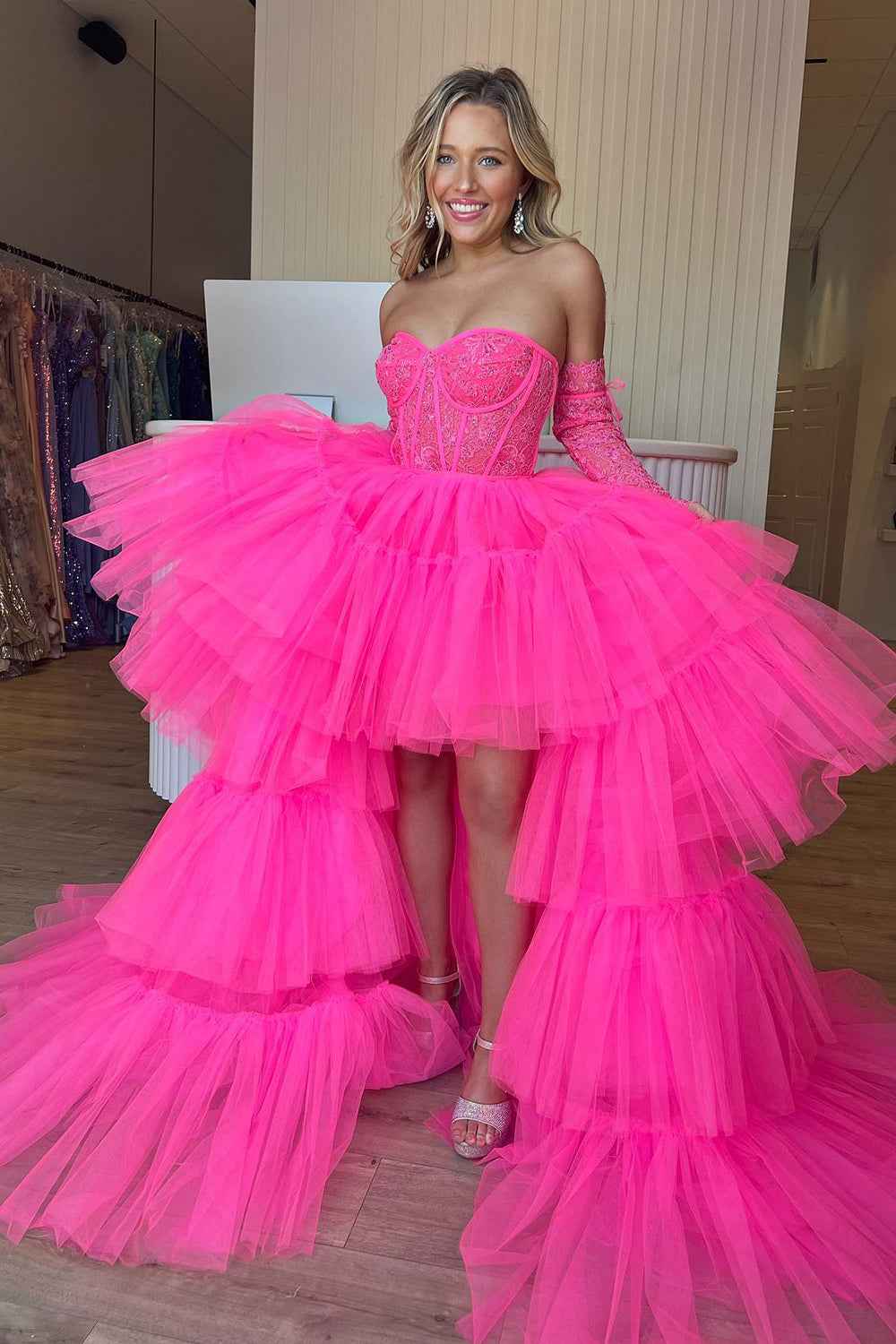 Hot Pink High Low Detachable Sleeves Corset Homecoming Dress with Lace Bmbride