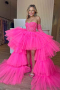Hot Pink High Low Detachable Sleeves Corset Homecoming Dress with Lace Bmbride