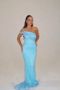 Sequins One Shoulder Sleeveless Long Mermaid Prom Dress With Pleated BMBRIDE