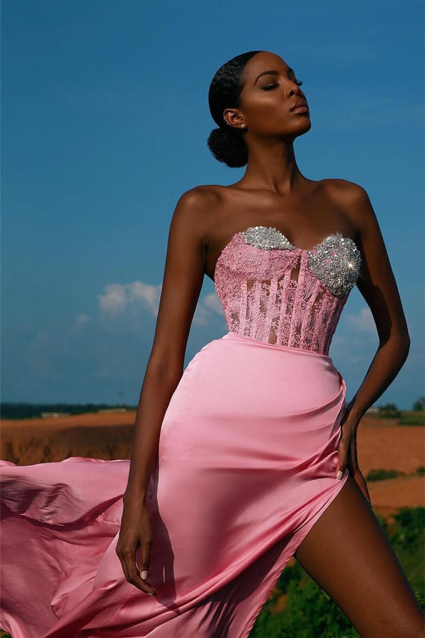 Pink Sweetheart Mermaid Evening Dress with Split, Beadings, and Lace Appliques BM bride