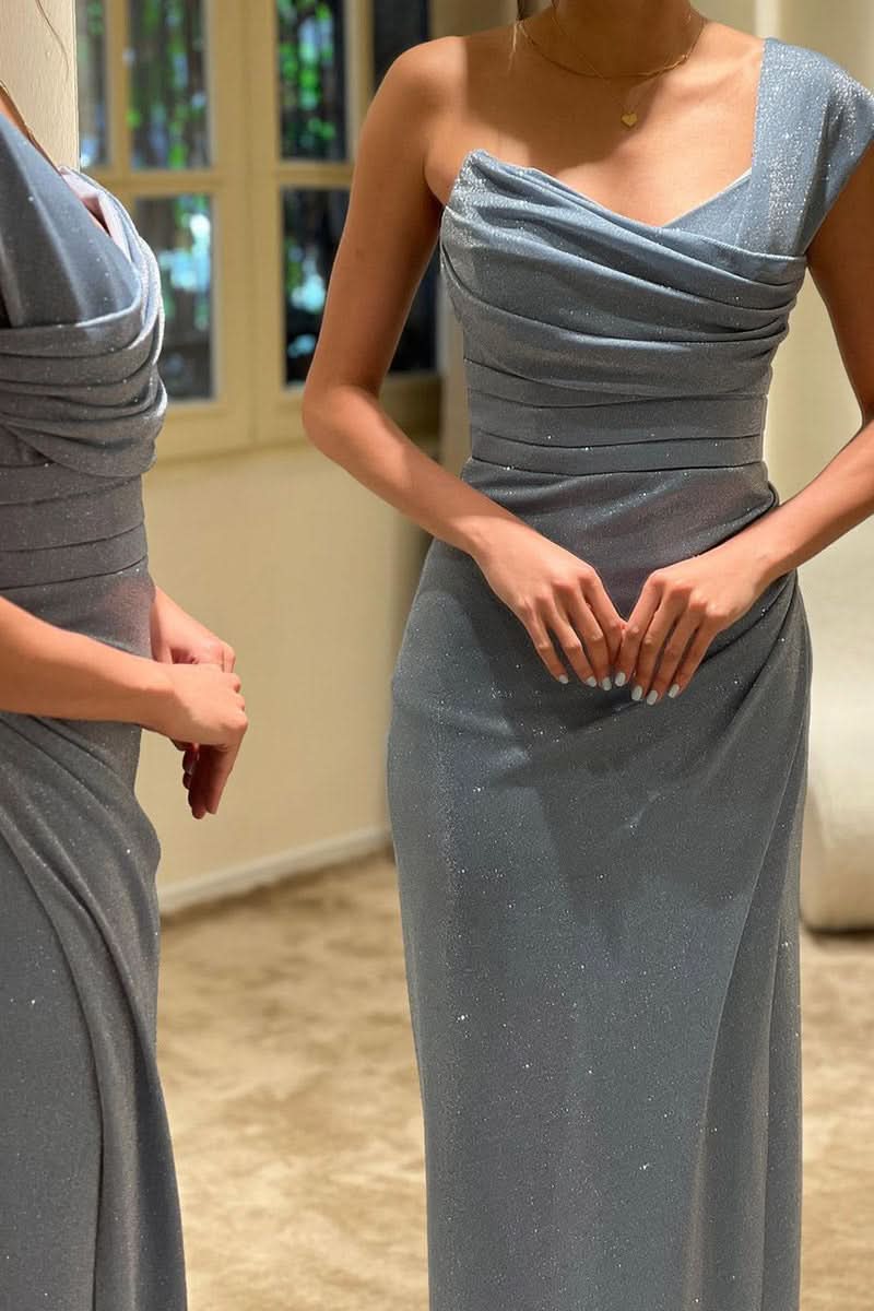 Glamorous Blue Sleeveless One Shoulder Evening Dress with Split BM bride