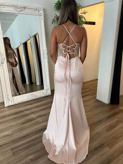 Champagne Mermaid Sheath Spaghetti Applique Long Prom Dress with Slit BMBRIDE