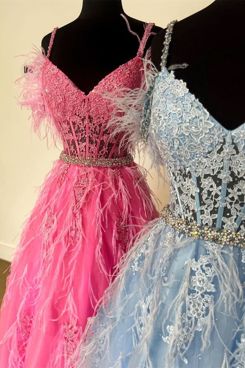 Lovely A-Line V Neck Lace Tulle Prom Dress with Beading and Feathers BM bride