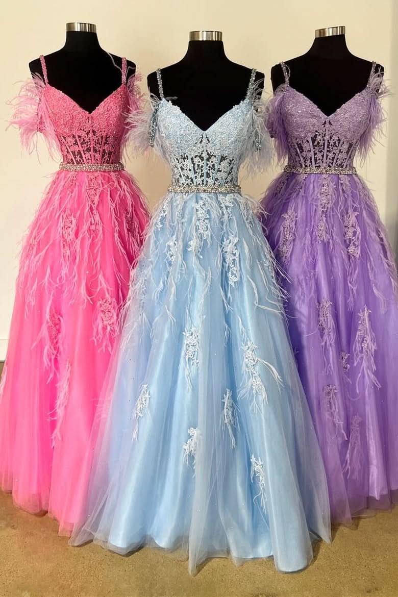Lovely A-Line V Neck Lace Tulle Prom Dress with Beading and Feathers BM bride