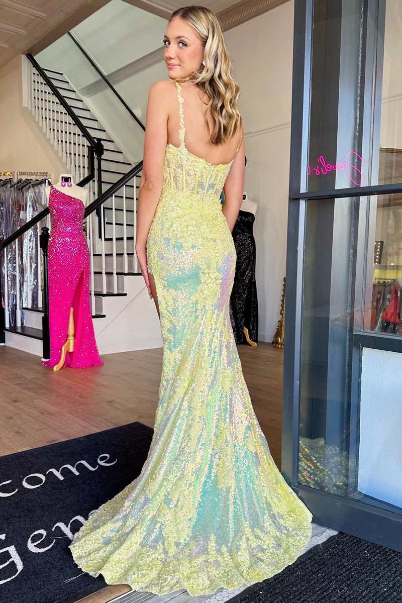 Radiant Yellow Sequin Appliques Scoop Neck Mermaid Long Prom Dress with Slit BM bride