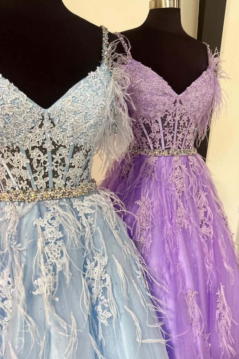 Lovely A-Line V Neck Lace Tulle Prom Dress with Beading and Feathers BM bride