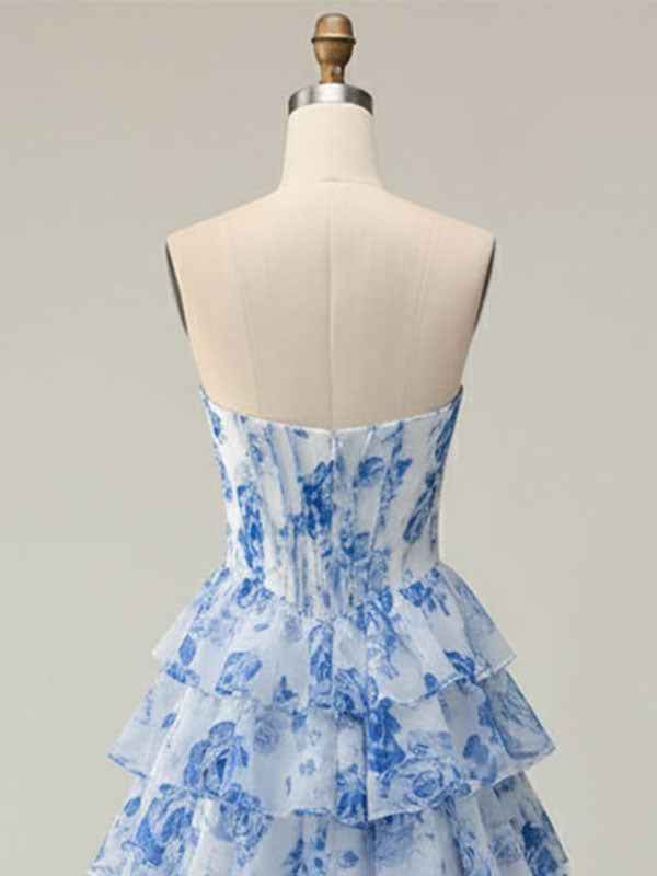 Blue Flower A Line Sweetheart Sequins Tiered Corset Long Prom Dress with Slit