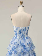 Blue Flower A Line Sweetheart Sequins Tiered Corset Long Prom Dress with Slit