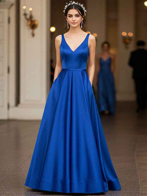 Royal Blue Sheath/Column V-Neck Floor-Length Satin Prom Dress BMBRIDE