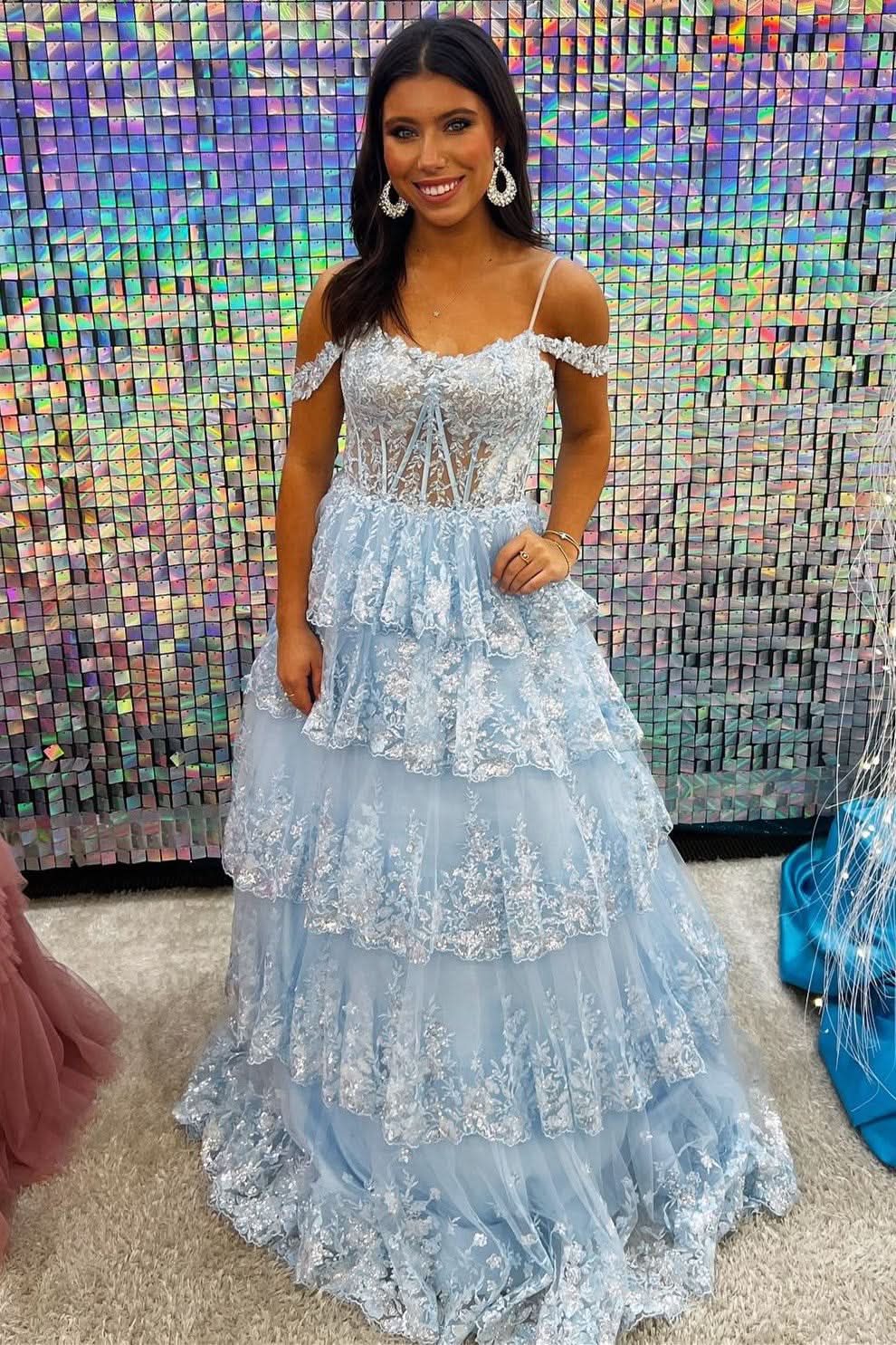 Playful Tulle Sequin Cold-Shoulder Ruffle Tiered Long Prom Dress BM bride