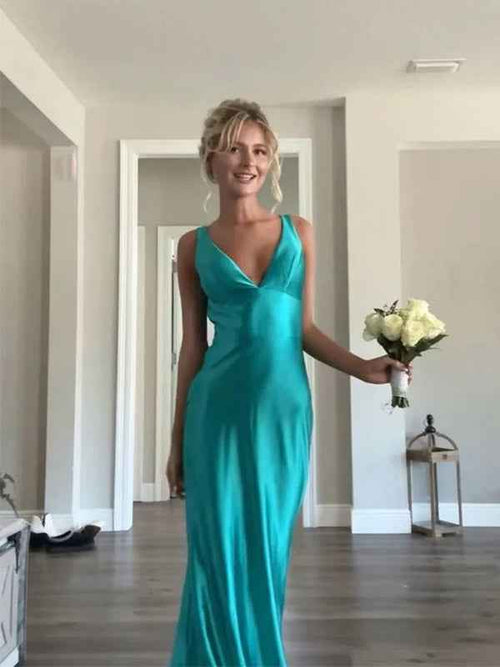 Green Mermaid V Neck Long Prom Dress with Open Back BMBRIDE
