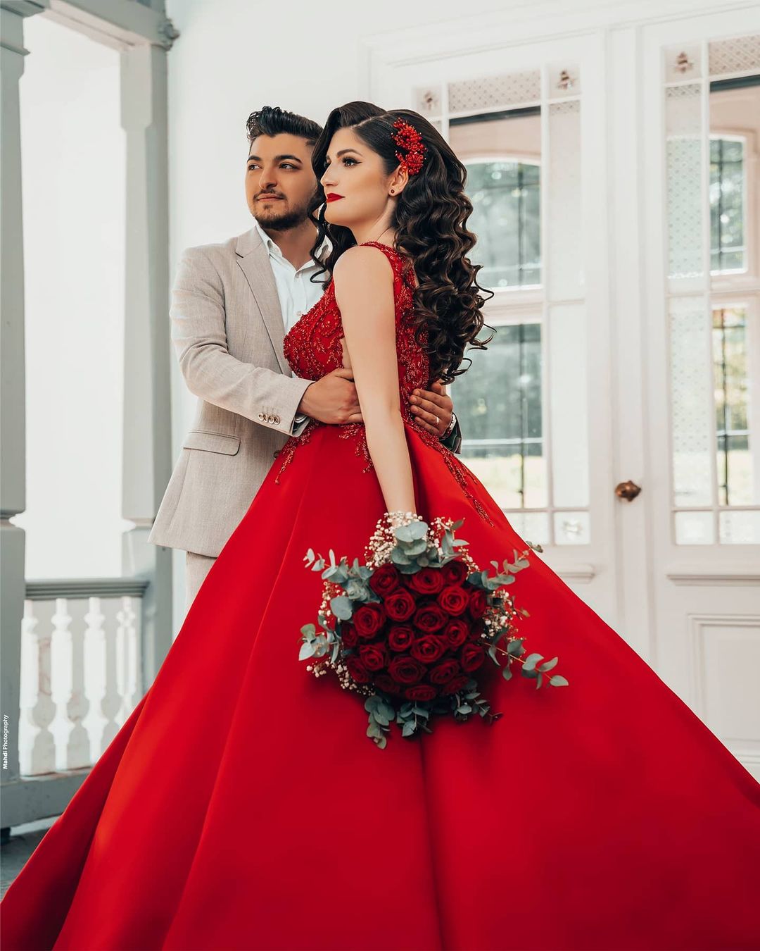 Long Ball Gown Princess Satin V-Neck Wedding Dress with Lace BM bride
