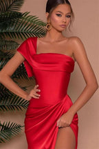 Red One Shoulder Mermaid Front Split Prom Dress with Strapless Online BM bride