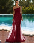 Sky Blue One Shoulder Mermaid Evening Dress with Sequins and Tulle BM bride