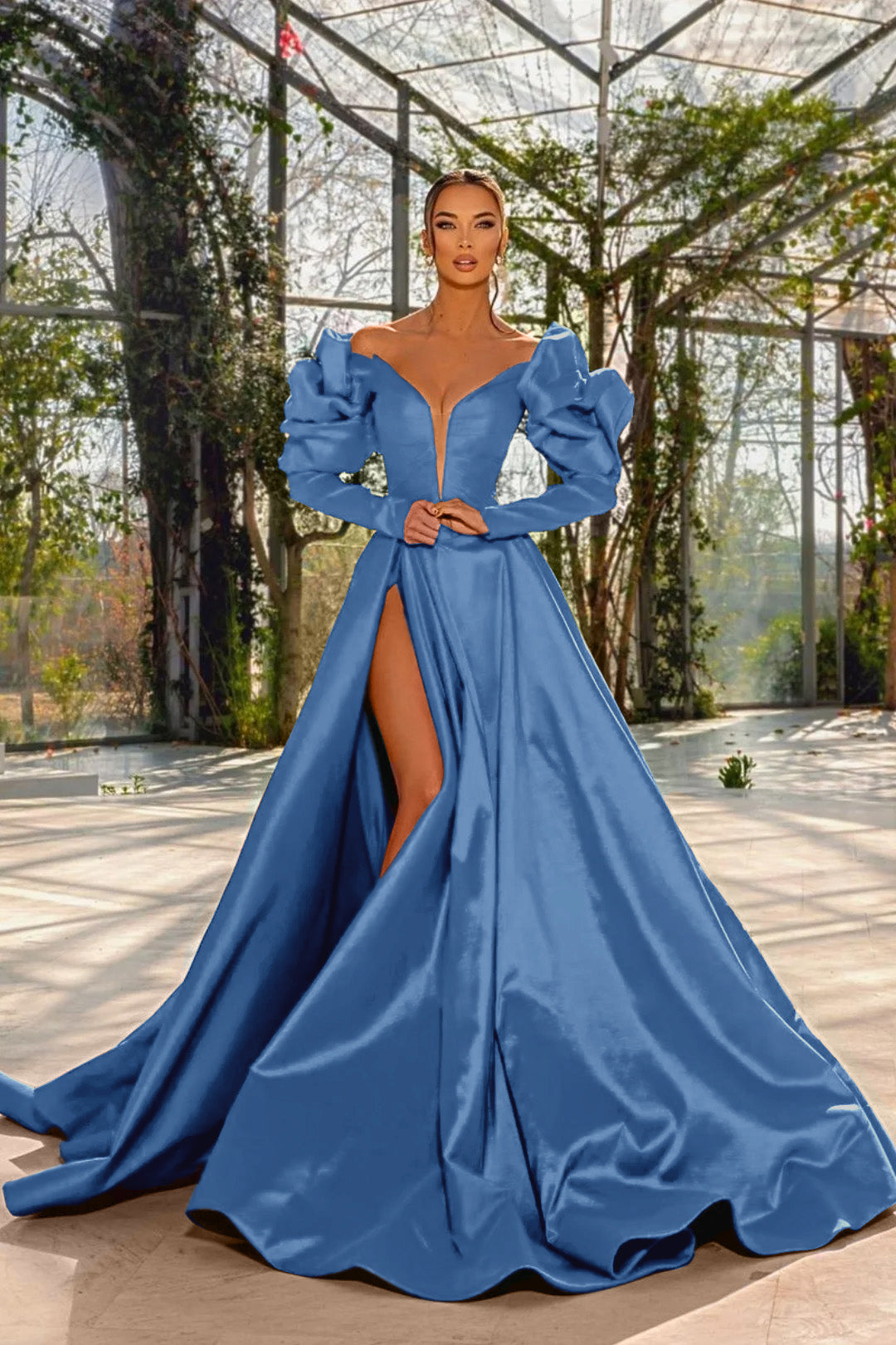 Sexy Prom Dress Red V Neck Bubble Long Sleeves With High Split BMBRIDE