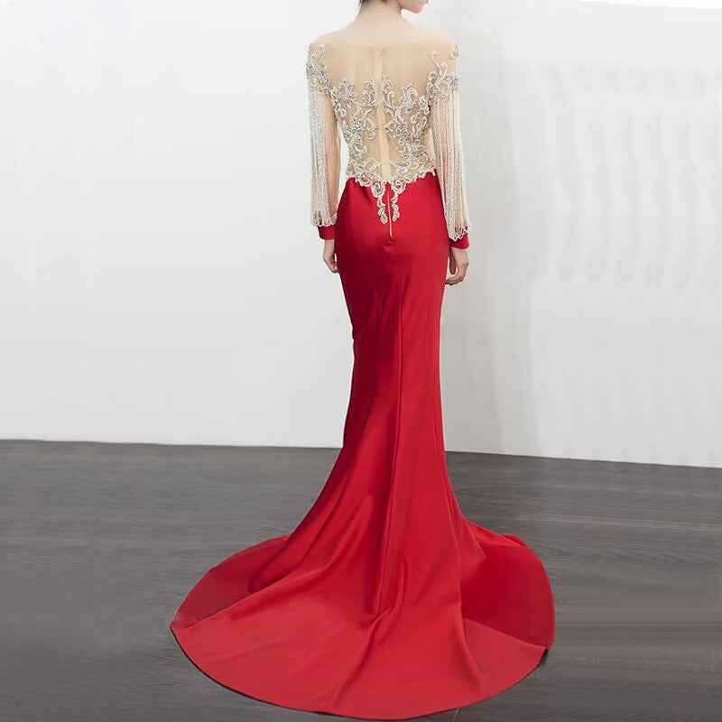Charming Sweetheart Red Bead Embroidery Tassels Applique Long Prom Dress