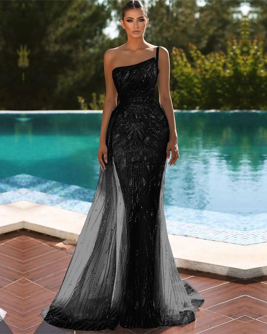 Sky Blue One Shoulder Mermaid Evening Dress with Sequins and Tulle BM bride