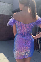 Sparkly Purple Corset Tight Sequins Short Homecoming Dress with Feathers
