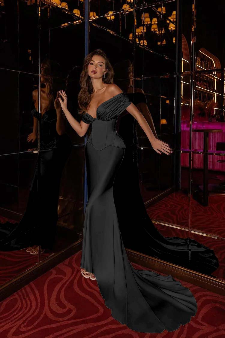 Off the Shoulder Sleeveless Long Mermaid Prom Dress With Pleated BMBRIDE