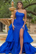 Royal Blue One Shoulder Sleeveless Beadings Prom Dress With Detachable skirt